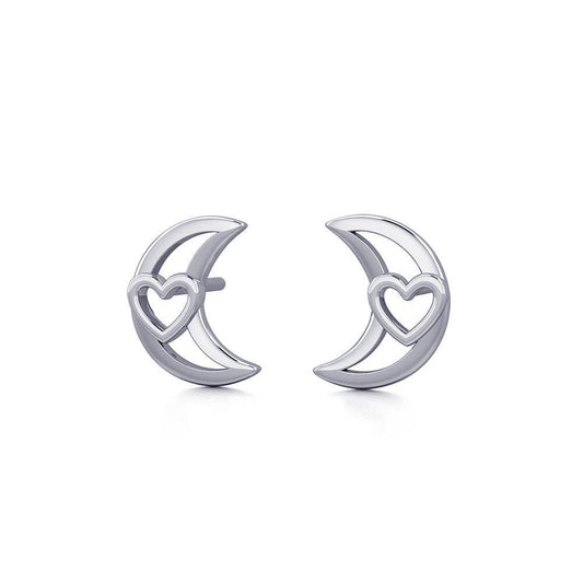 The Heart in Crescent Moon Silver Post Earrings TER1779