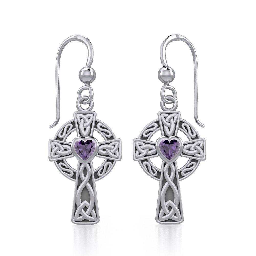 Celtic Cross Silver Earrings with Heart Gemstone TER1833