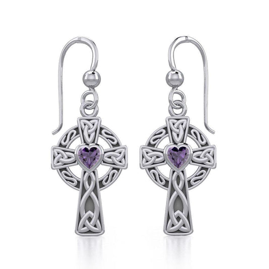 Celtic Cross Silver Earrings with Heart Gemstone TER1833