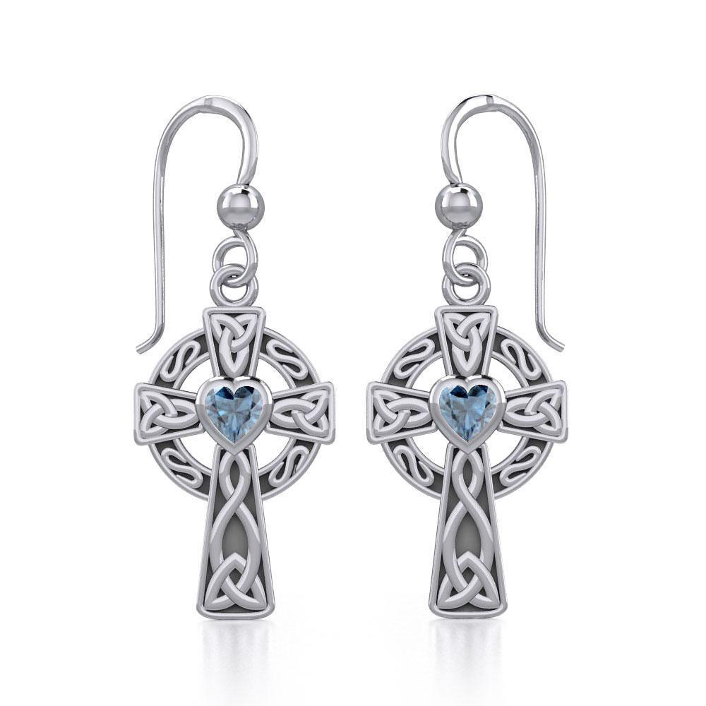 Celtic Cross Sterling Silver Earrings with Heart Gemstone TER1833