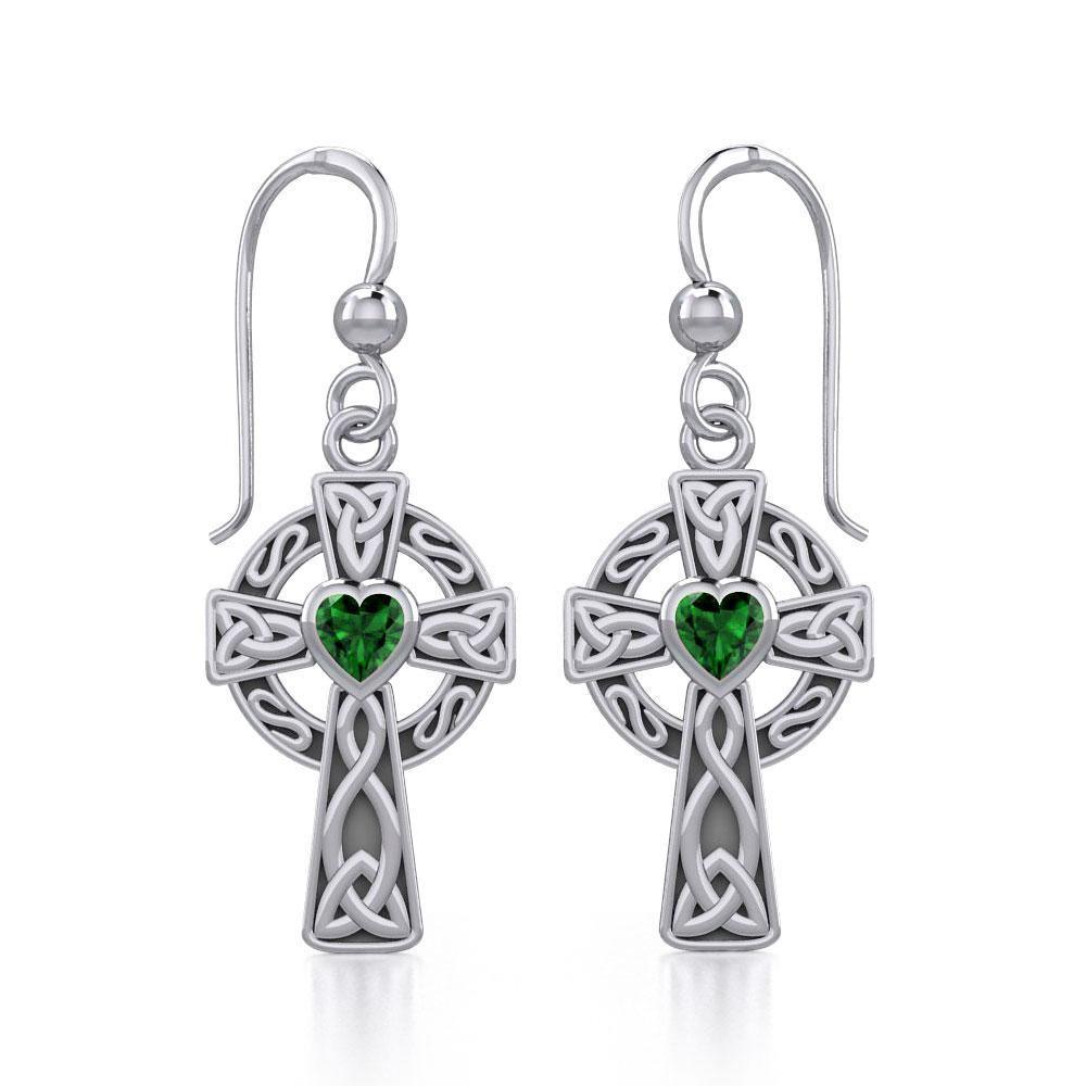 Celtic Cross Sterling Silver Earrings with Heart Gemstone TER1833