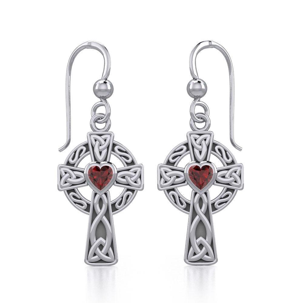 Celtic Cross Sterling Silver Earrings with Heart Gemstone TER1833