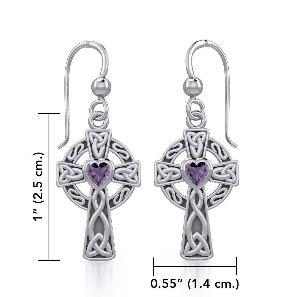 Celtic Cross Silver Earrings with Heart Gemstone TER1833