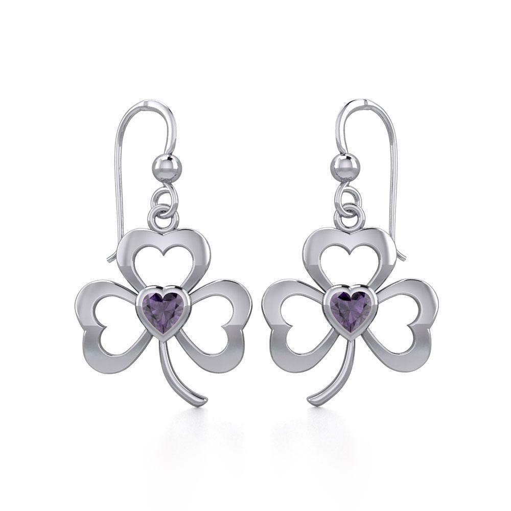 Silver Shamrock Earrings with Heart Gemstone TER1835