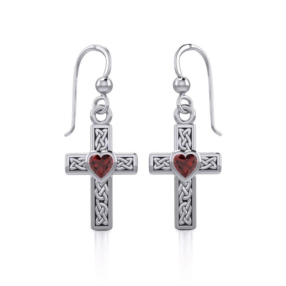 Celtic Cross Silver Earrings with Heart Gemstone TER1841