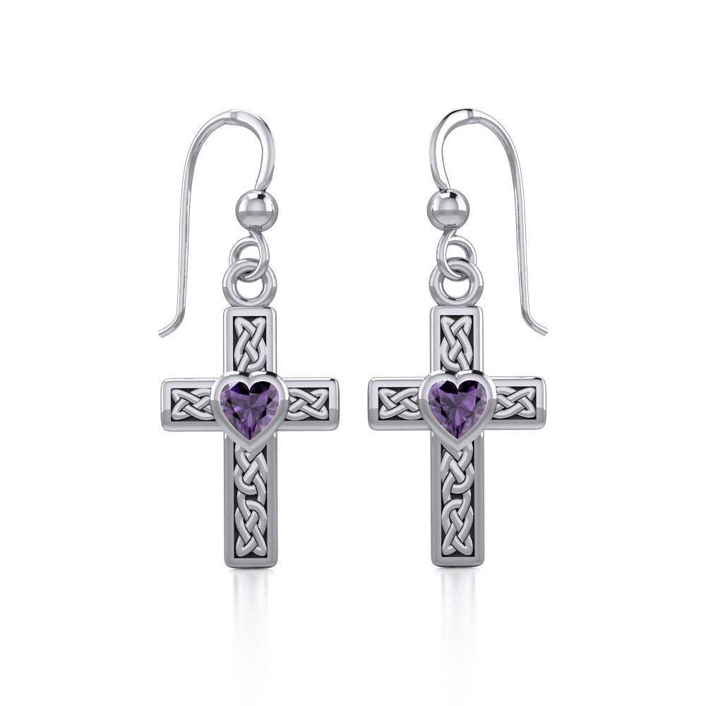 Celtic Cross Silver Earrings with Heart Gemstone TER1841