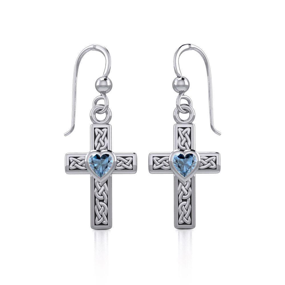 Celtic Cross Silver Earrings with Heart Gemstone TER1841