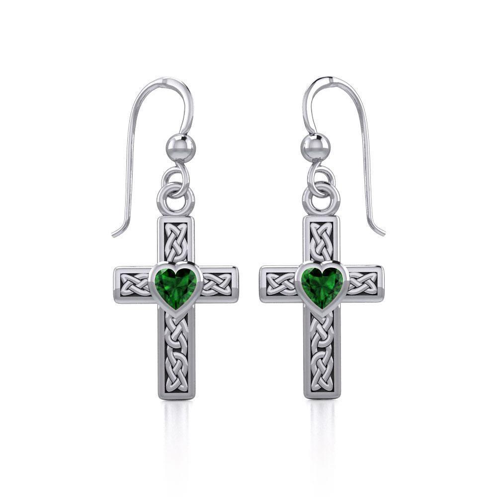 Celtic Cross Silver Earrings with Heart Gemstone TER1841