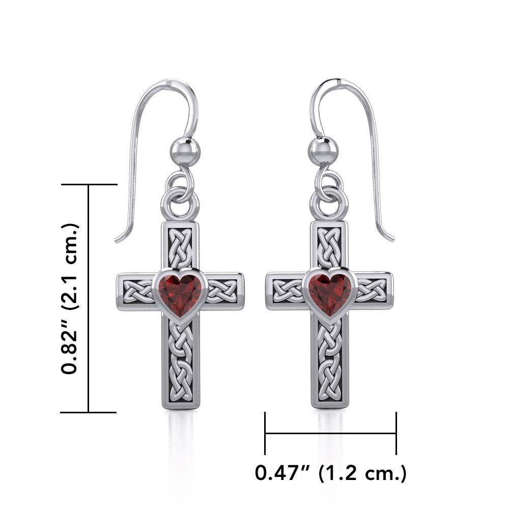 Celtic Cross Silver Earrings with Heart Gemstone TER1841