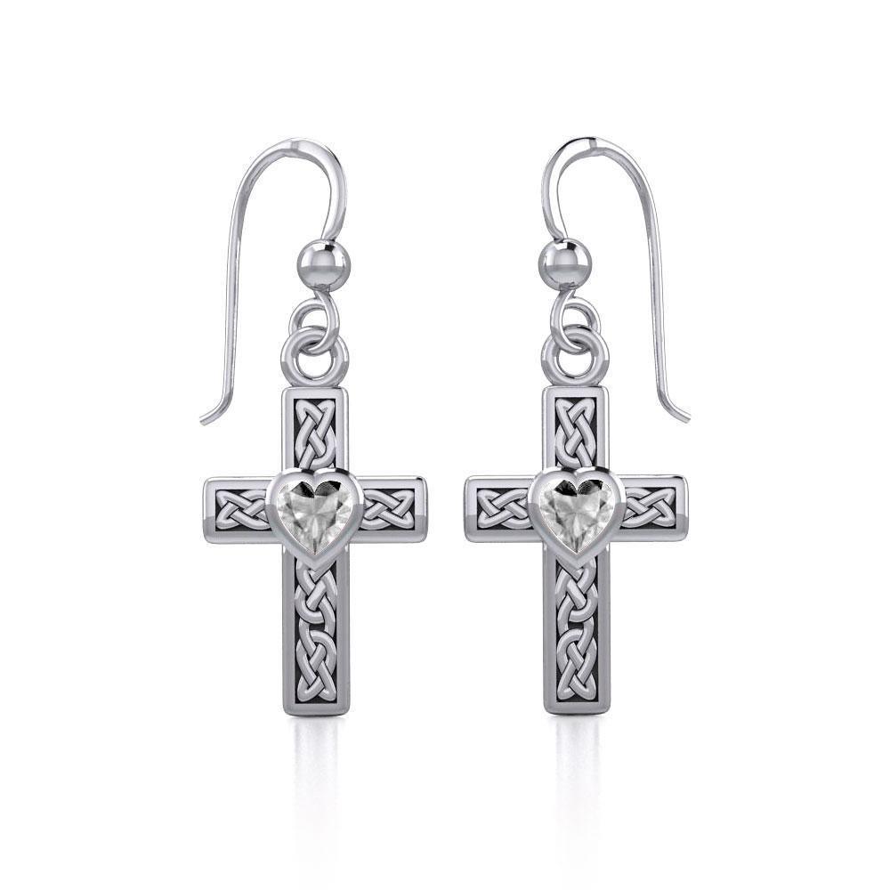 Celtic Cross Silver Earrings with Heart Gemstone TER1841