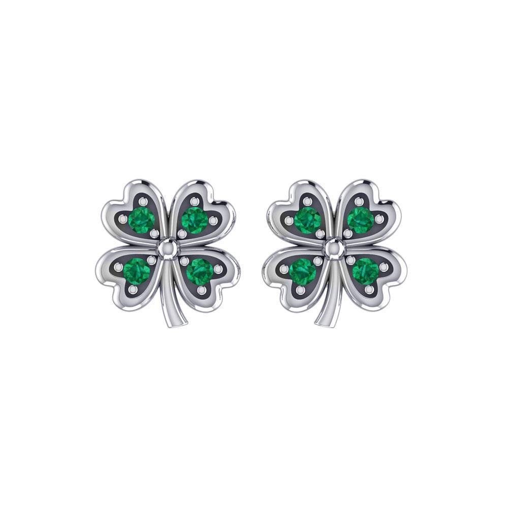 Lucky Four Leaf Clover Silver Post Earrings with Gemstone TER1844