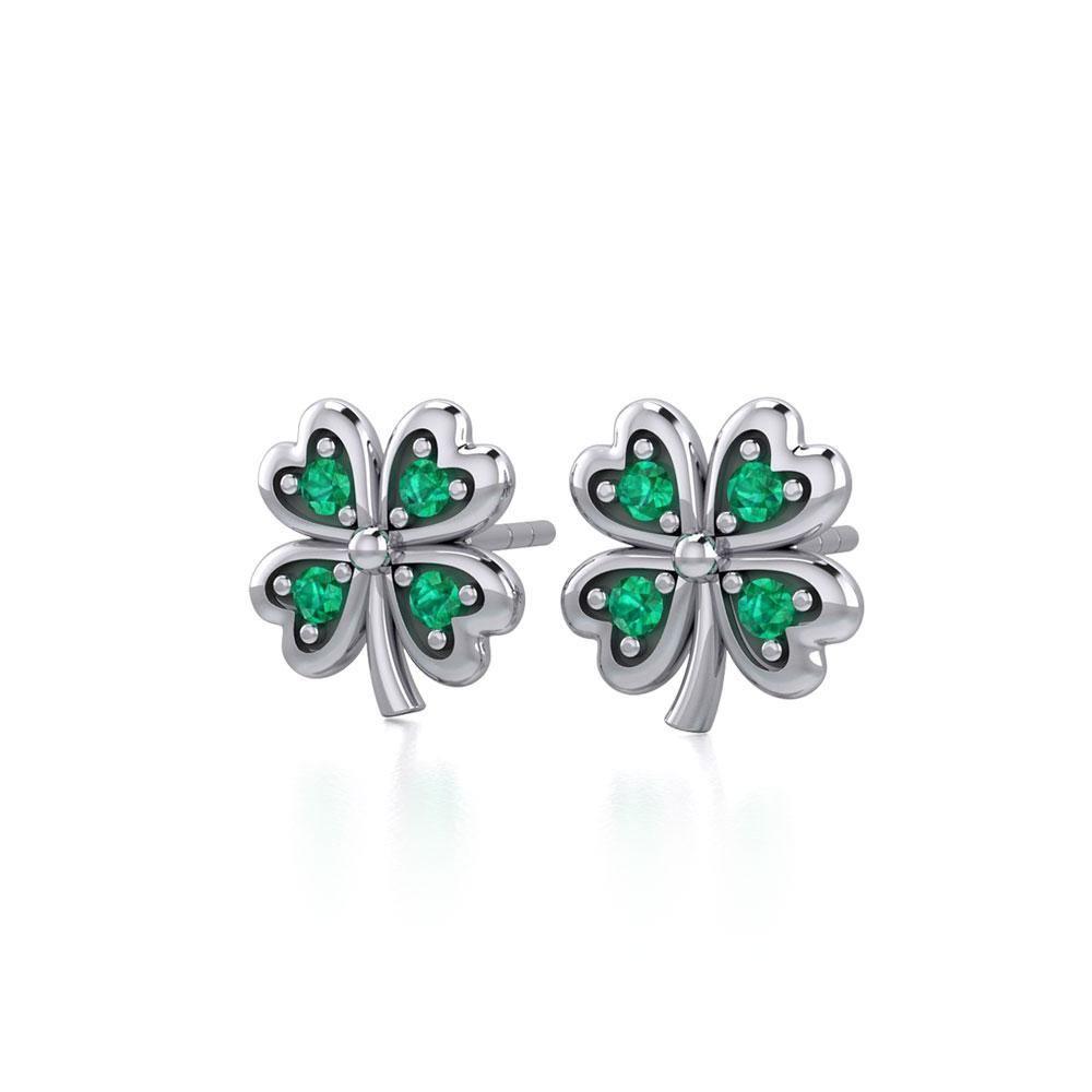 Lucky Four Leaf Clover Silver Post Earrings with Gemstone TER1844