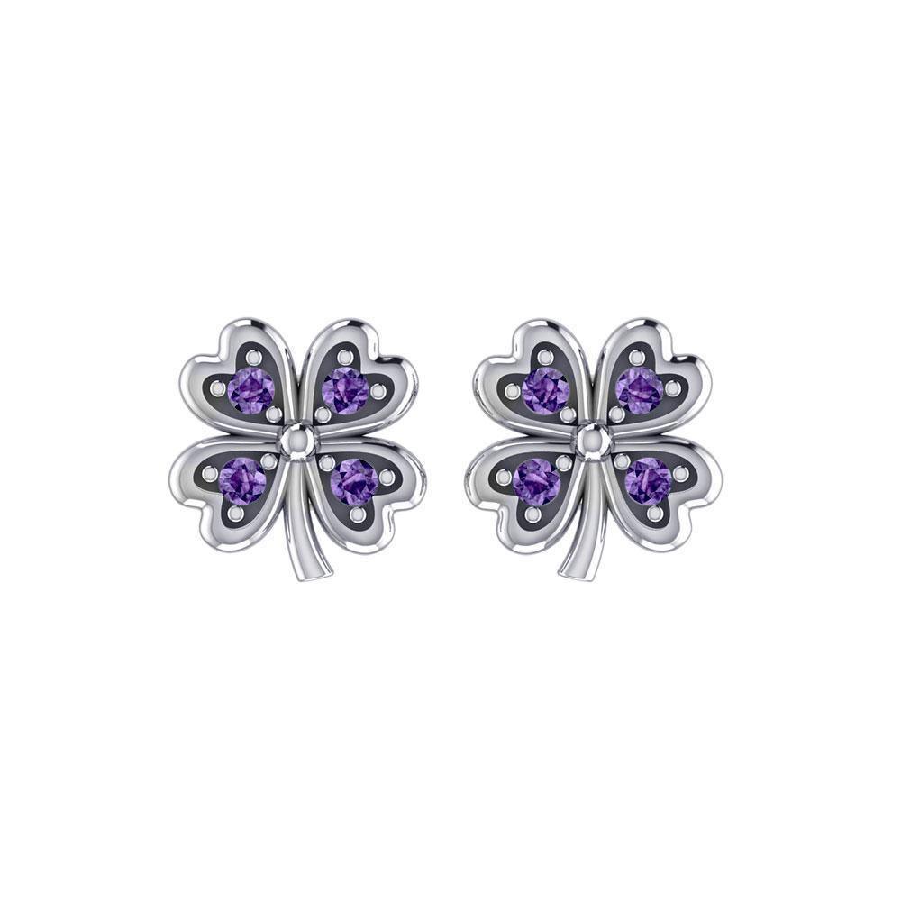 Lucky Four Leaf Clover Silver Post Earrings with Gemstone TER1844