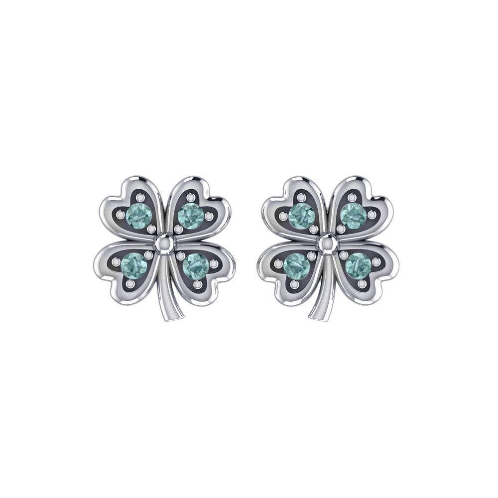 Lucky Four Leaf Clover Silver Post Earrings with Gemstone TER1844