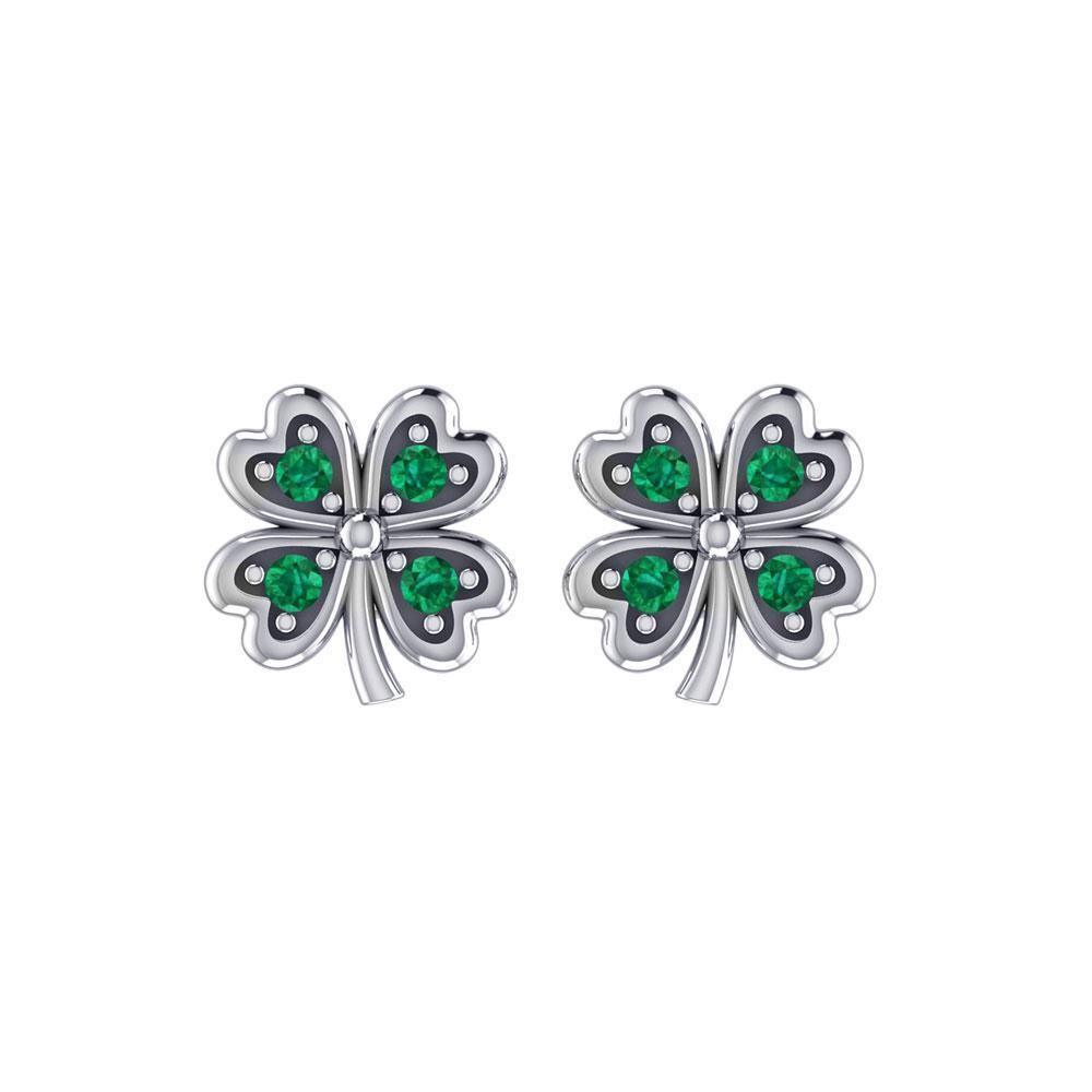 Lucky Four Leaf Clover Silver Post Earrings with Gemstone TER1844