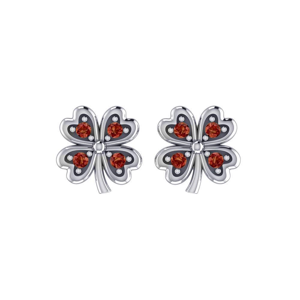 Lucky Four Leaf Clover Silver Post Earrings with Gemstone TER1844