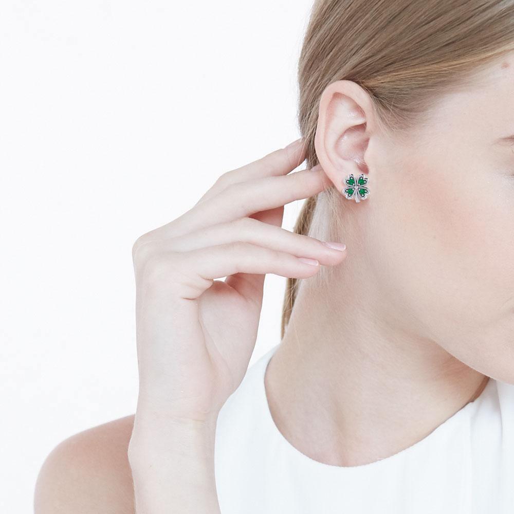 Lucky Four Leaf Clover Silver Post Earrings with Gemstone TER1844