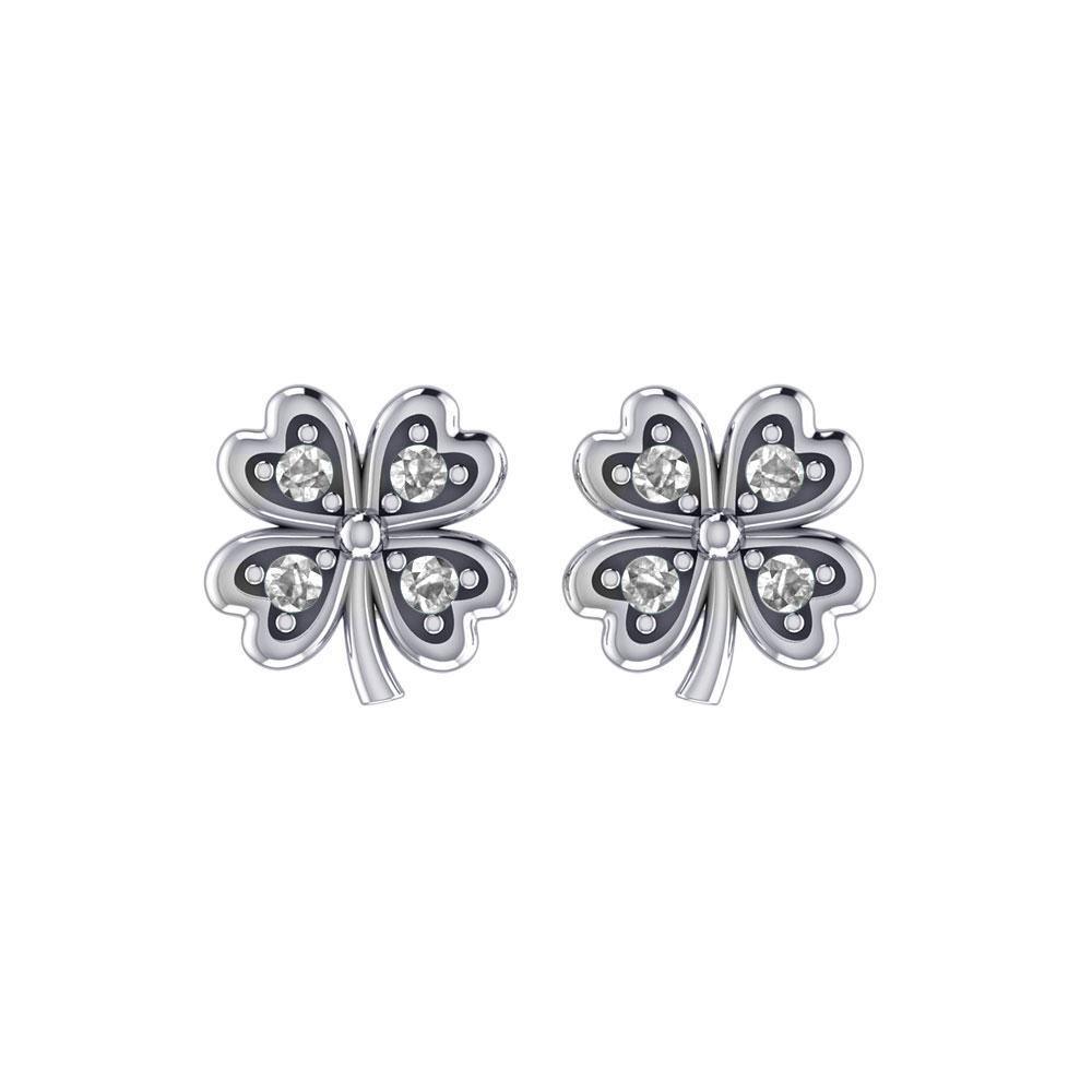 Lucky Four Leaf Clover Silver Post Earrings with Gemstone TER1844