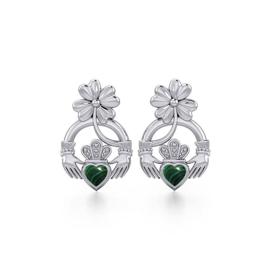 Lucky Four Leaf Clover on Claddagh Silver Post Earrings with stone TER1849