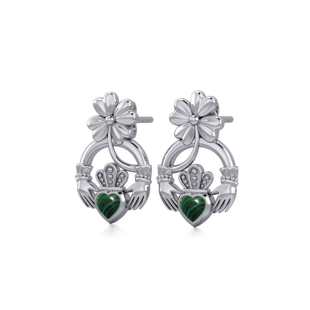 Lucky Four Leaf Clover on Claddagh Silver Post Earrings with stone TER1849
