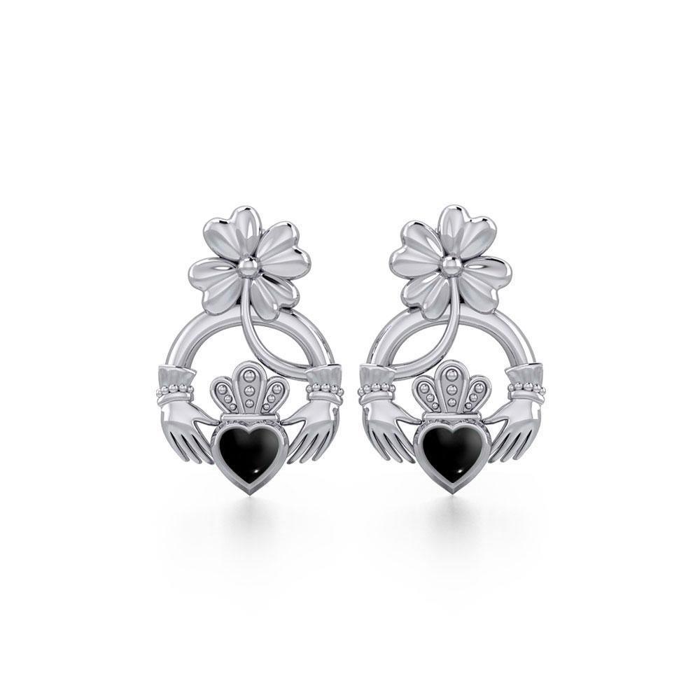 Lucky Four Leaf Clover on Claddagh Silver Post Earrings with stone TER1849