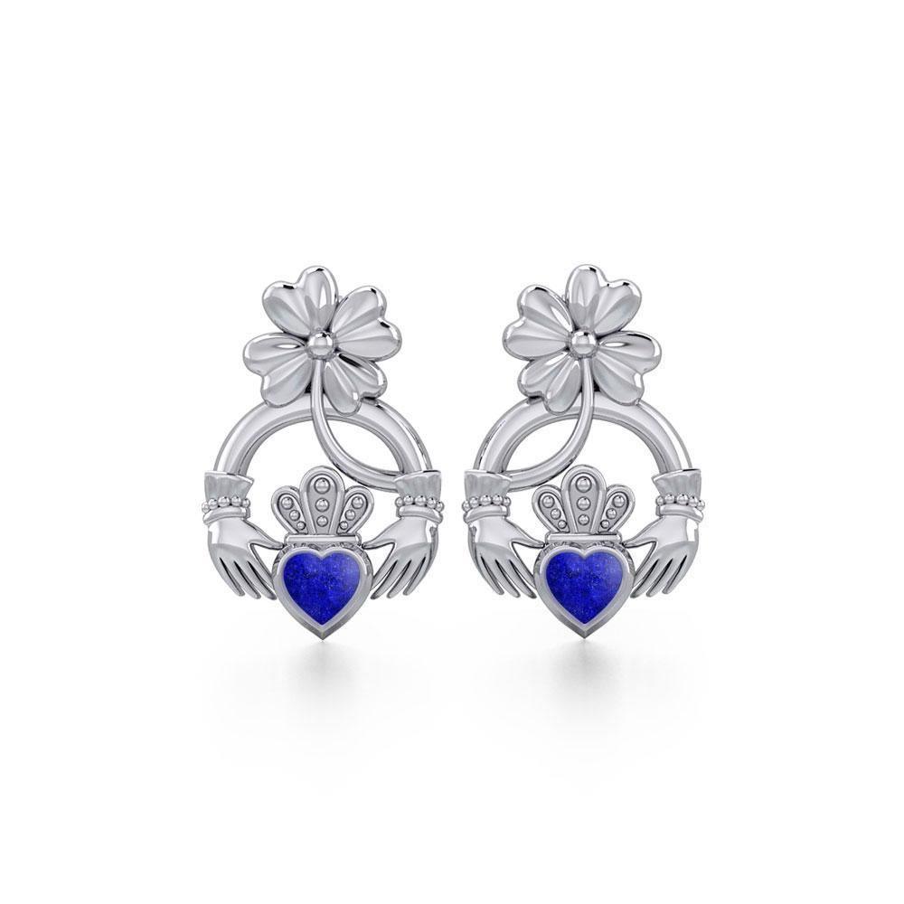 Lucky Four Leaf Clover on Claddagh Silver Post Earrings with stone TER1849