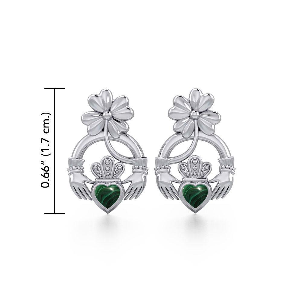 Lucky Four Leaf Clover on Claddagh Silver Post Earrings with stone TER1849