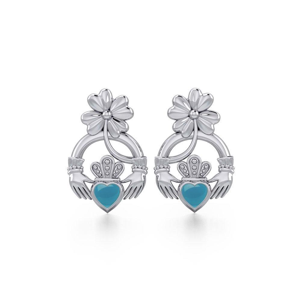 Lucky Four Leaf Clover on Claddagh Silver Post Earrings with stone TER1849