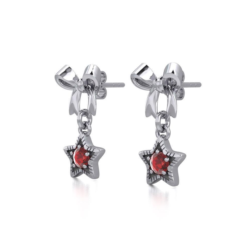 Ribbon with Dangling Gemstone Star Silver Post Earrings TER1854