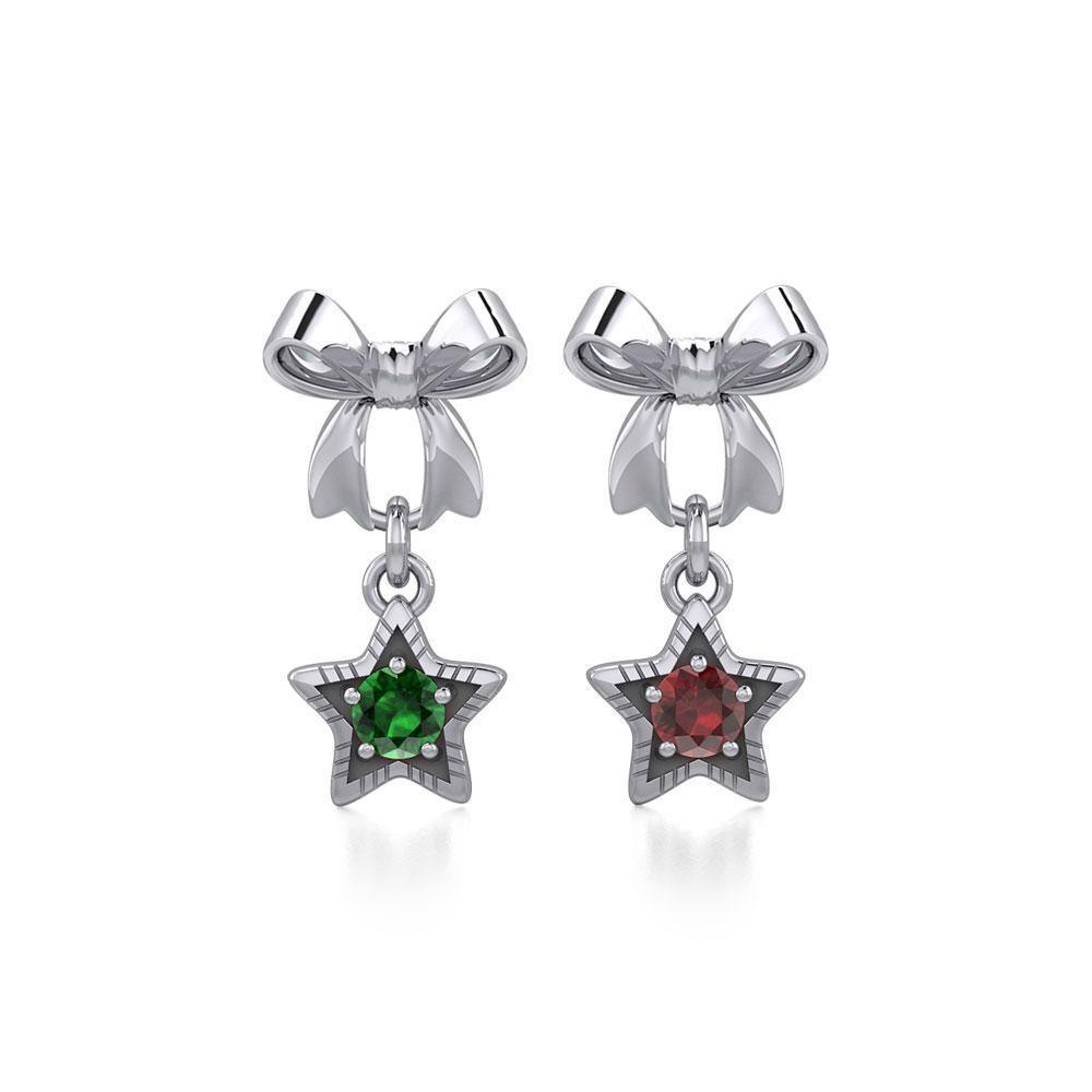 Ribbon with Dangling Gemstone Star Silver Post Earrings TER1854