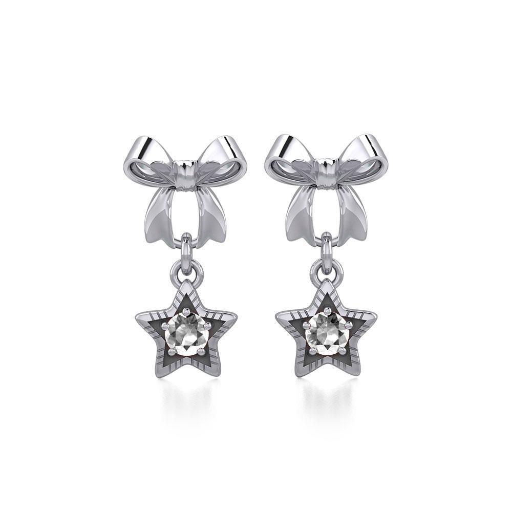 Ribbon with Dangling Gemstone Star Silver Post Earrings TER1854