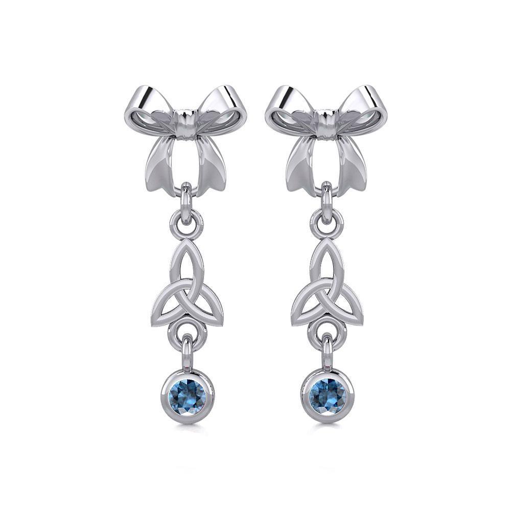 Ribbon with Dangling Gemstone Trinity Knot Silver Post Earrings TER1856