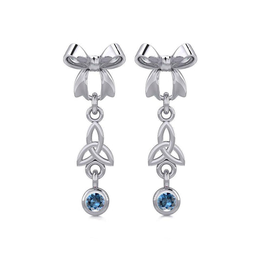 Ribbon with Dangling Gemstone Trinity Knot Silver Post Earrings TER1856
