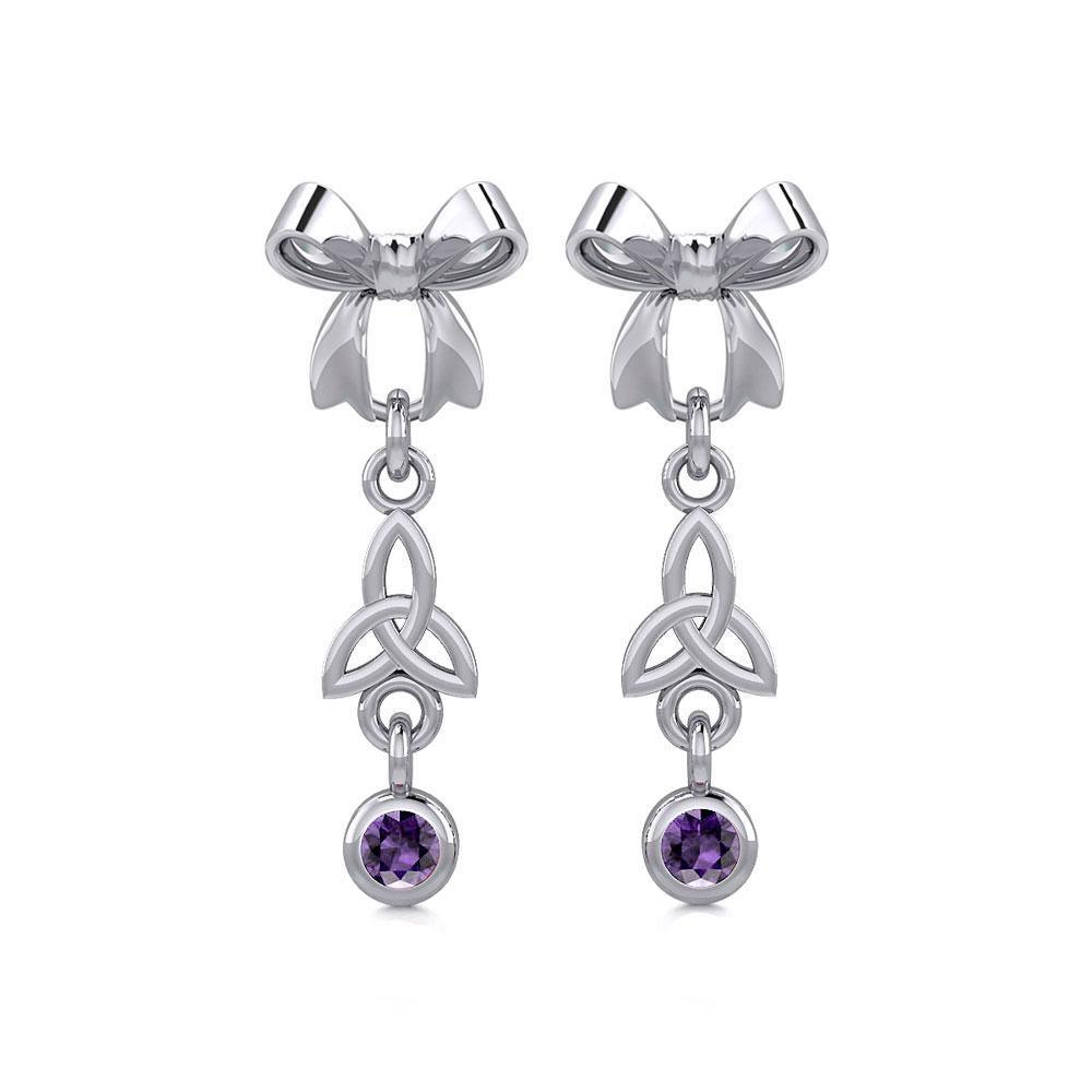 Ribbon with Dangling Gemstone Trinity Knot Silver Post Earrings TER1856