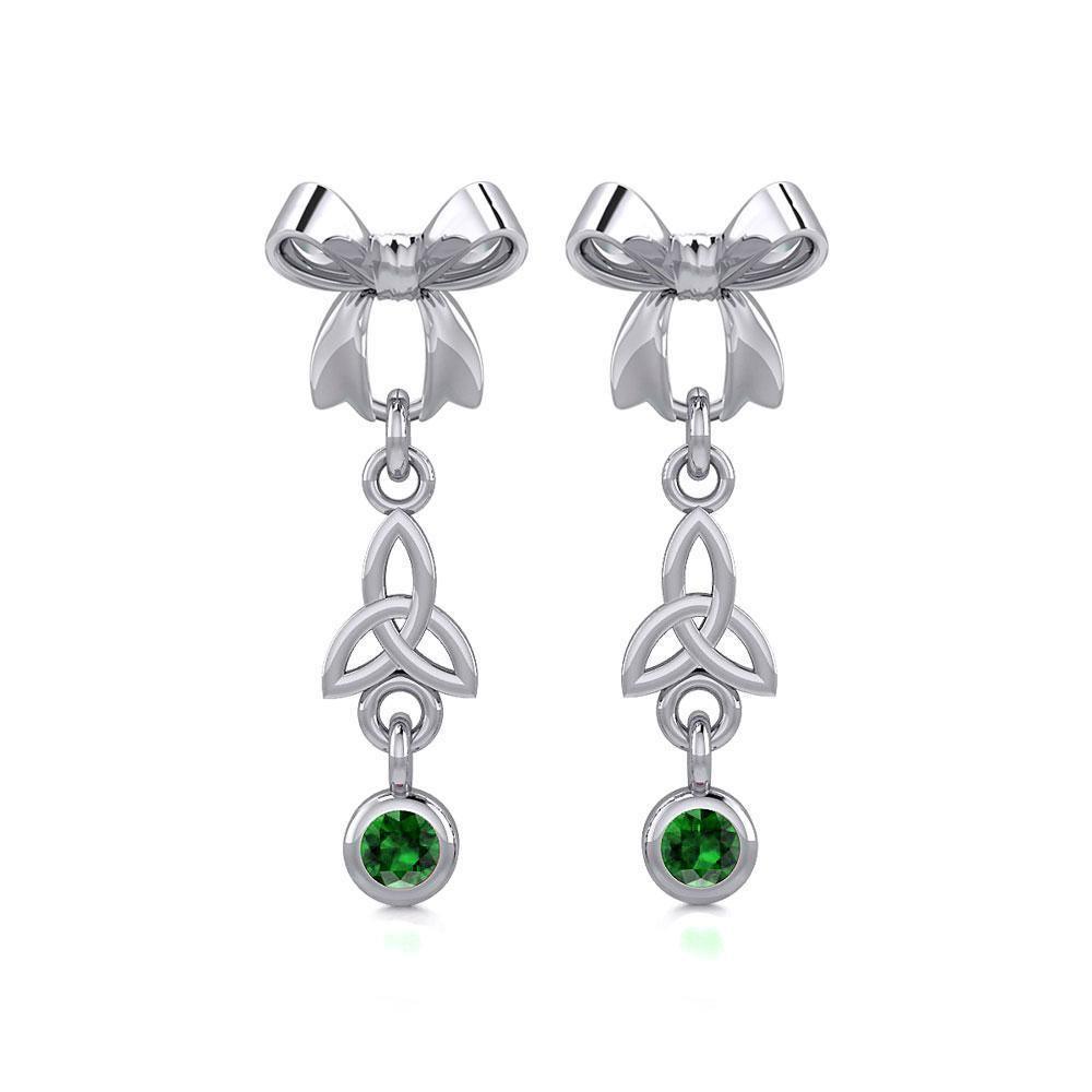 Ribbon with Dangling Gemstone Trinity Knot Silver Post Earrings TER1856