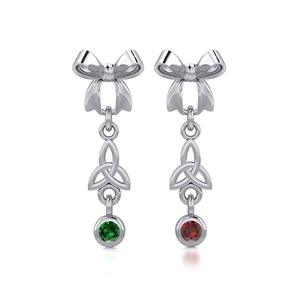 Ribbon with Dangling Gemstone Trinity Knot Silver Post Earrings TER1856