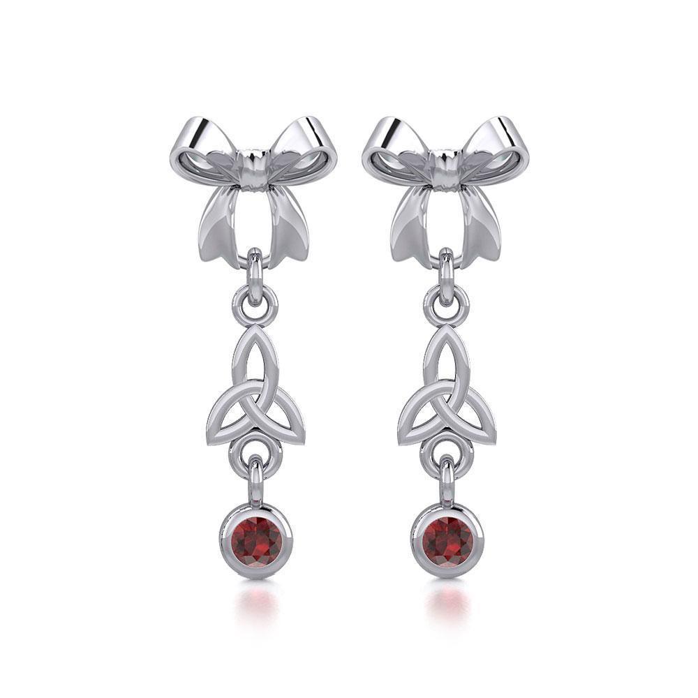 Ribbon with Dangling Gemstone Trinity Knot Silver Post Earrings TER1856