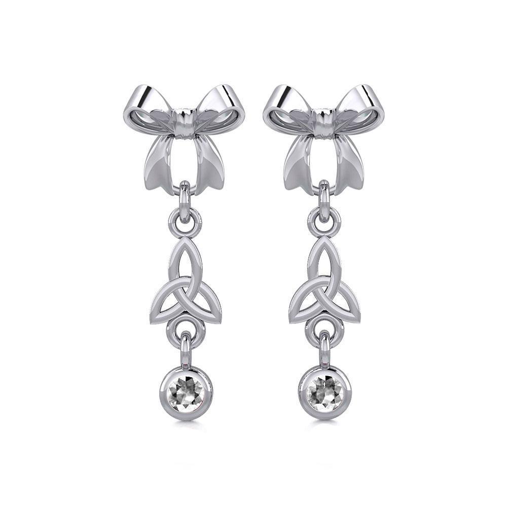 Ribbon with Dangling Gemstone Trinity Knot Silver Post Earrings TER1856