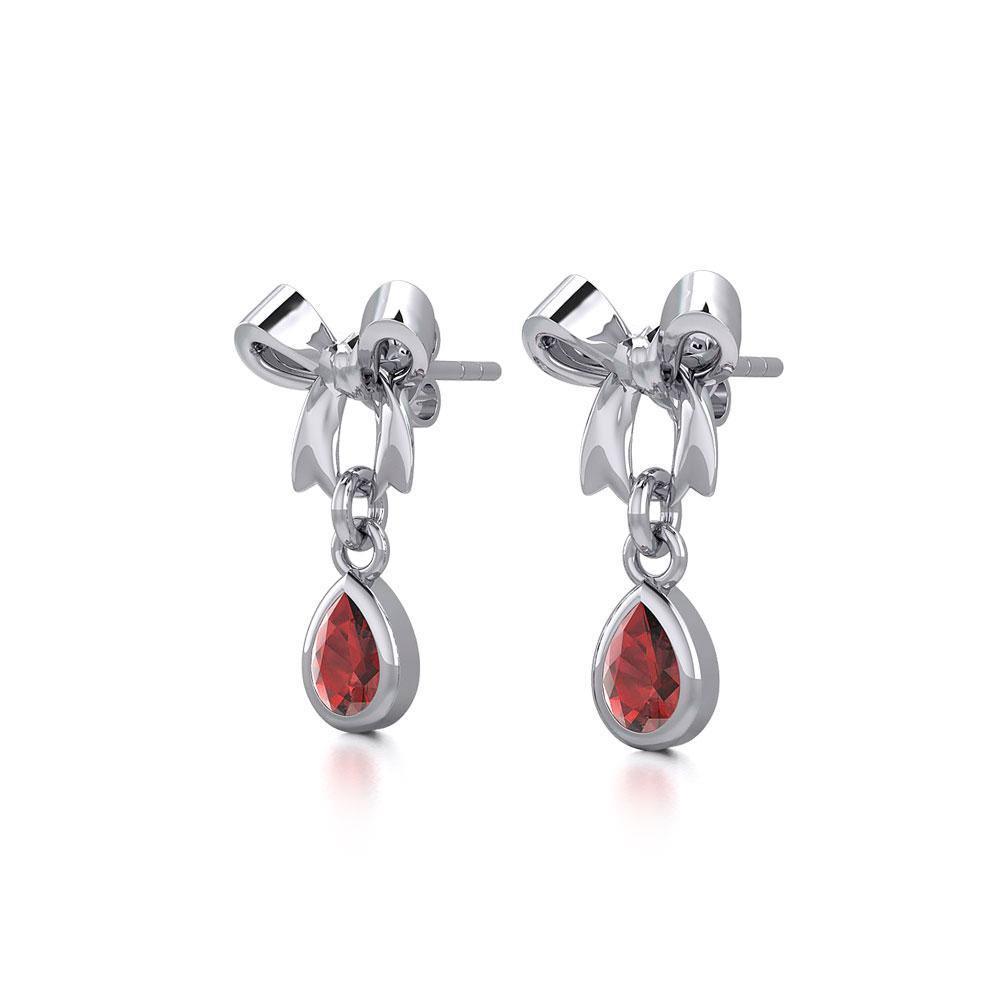 Ribbon with Dangling Teardrop Gemstone Silver Post Earrings TER1859