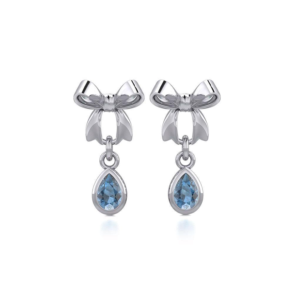 Ribbon with Dangling Teardrop Gemstone Silver Post Earrings TER1859