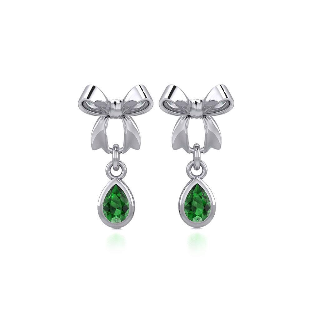 Ribbon with Dangling Teardrop Gemstone Silver Post Earrings TER1859