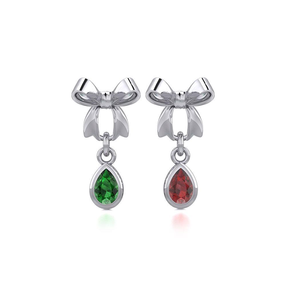Ribbon with Dangling Teardrop Gemstone Silver Post Earrings TER1859