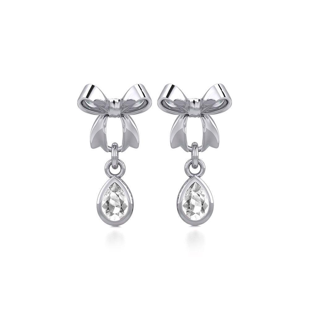Ribbon with Dangling Teardrop Gemstone Silver Post Earrings TER1859