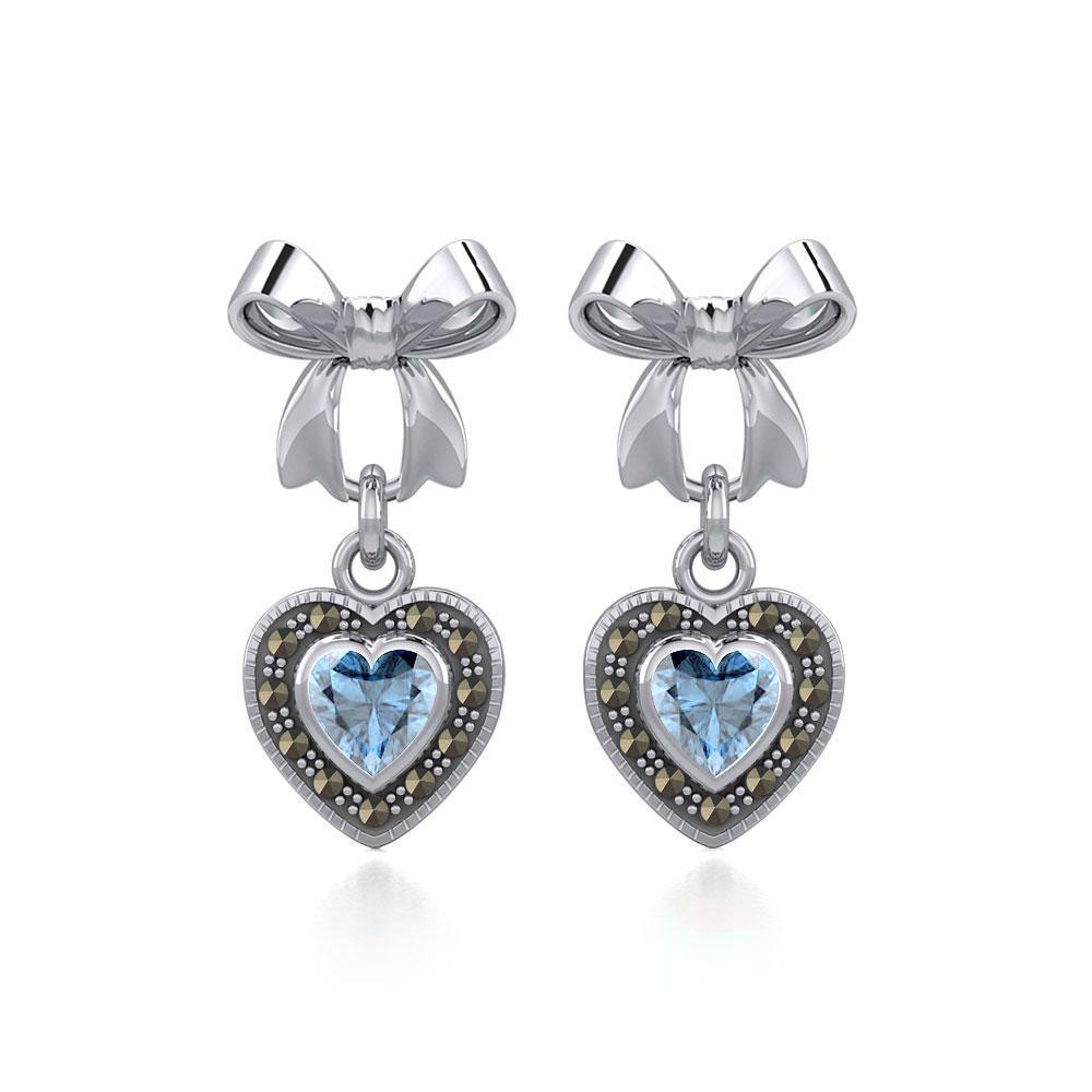Ribbon with Dangling Marcasite Heart Gemstone Silver Post Earrings TER1860