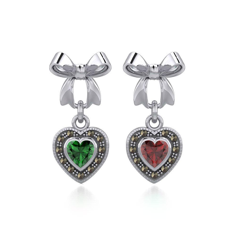 Ribbon with Dangling Marcasite Heart Gemstone Silver Post Earrings TER1860