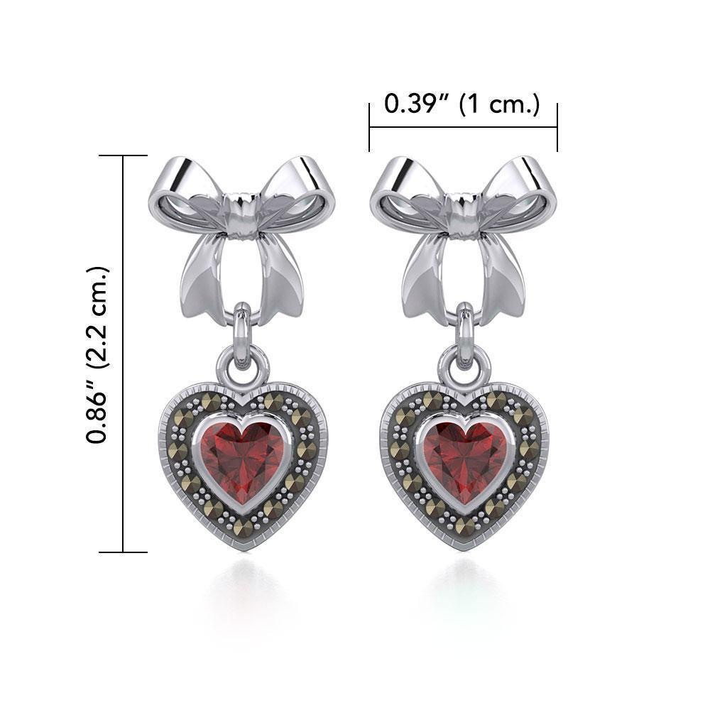 Ribbon with Dangling Marcasite Heart Gemstone Silver Post Earrings TER1860