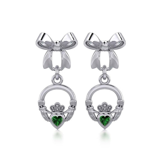 Ribbon with Dangling Gemstone Claddagh Silver Post Earrings TER1861