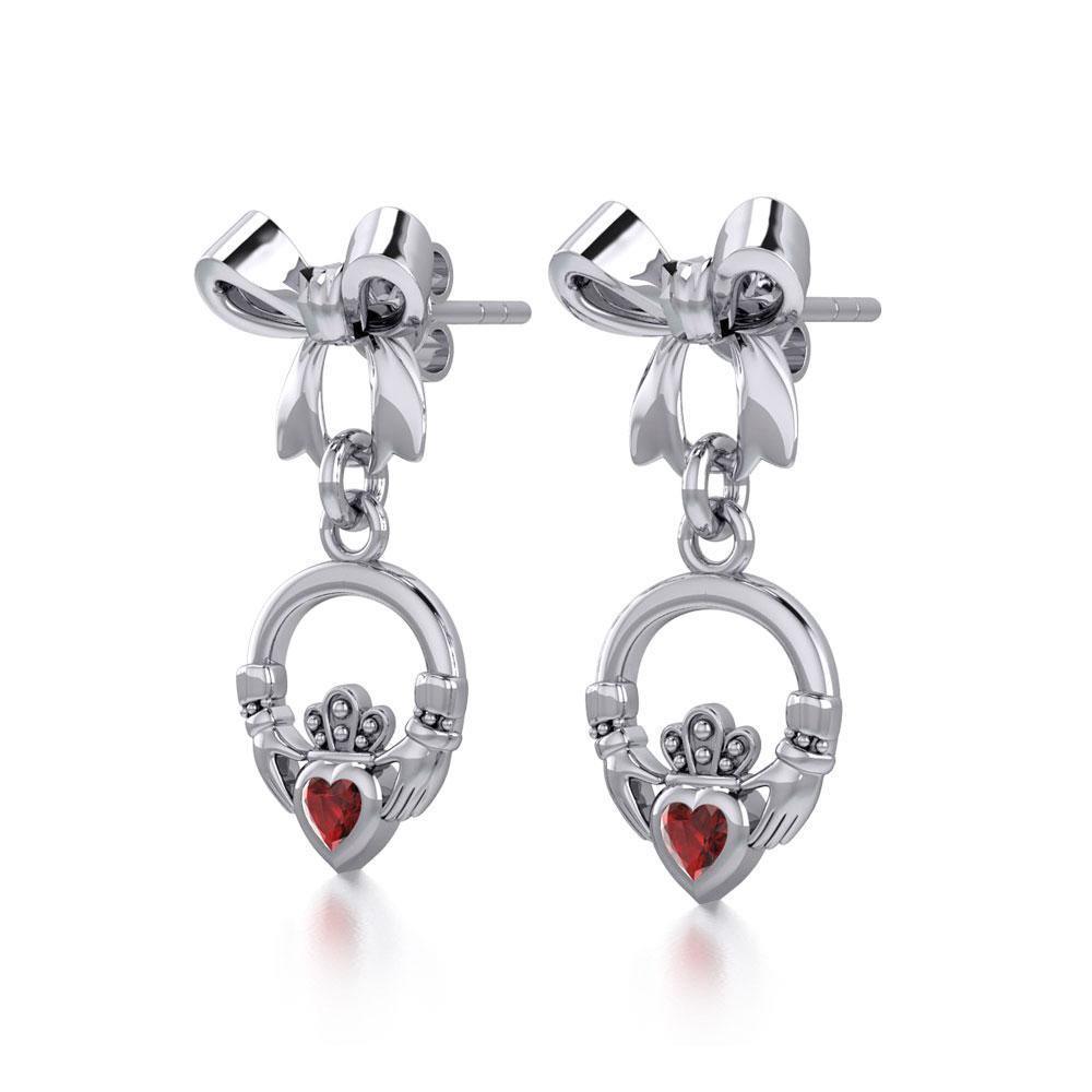 Ribbon with Dangling Gemstone Claddagh Silver Post Earrings TER1861