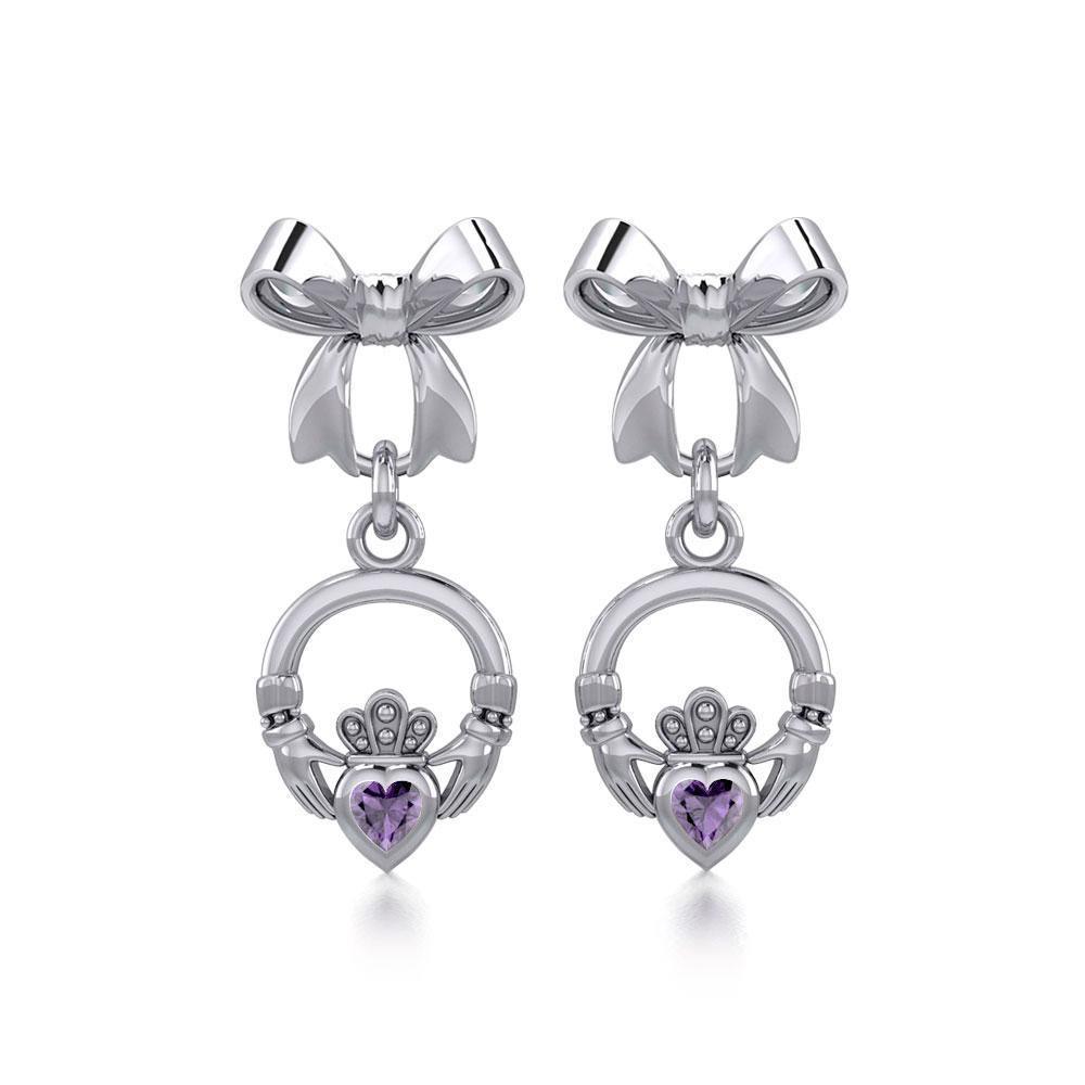 Ribbon with Dangling Gemstone Claddagh Silver Post Earrings TER1861
