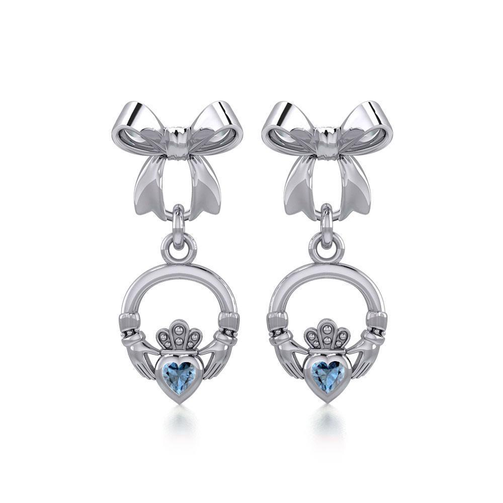Ribbon with Dangling Gemstone Claddagh Silver Post Earrings TER1861
